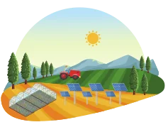 Ilustración de un campo hortofrutícola con invernadero con placas solares instaladas por Imelect Energía Solar