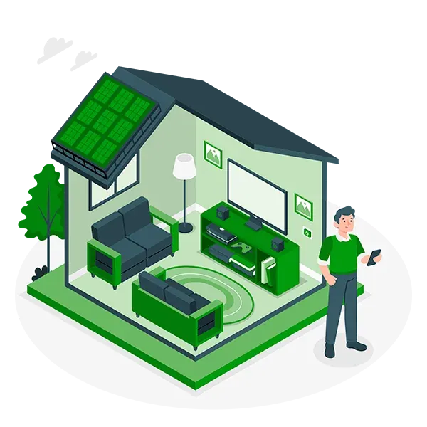 Ilustración de una vivienda con placas solares y su propietario consultando la producción en el móvil